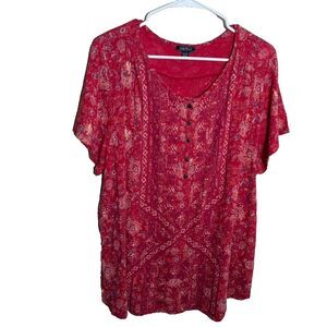 Lucky Brand T-Shirt Women's 2X Red Printed Short Sleeve Casual Printed Top